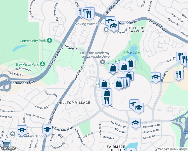 map of restaurants, bars, coffee shops, grocery stores, and more near 2744 East Court in Richmond