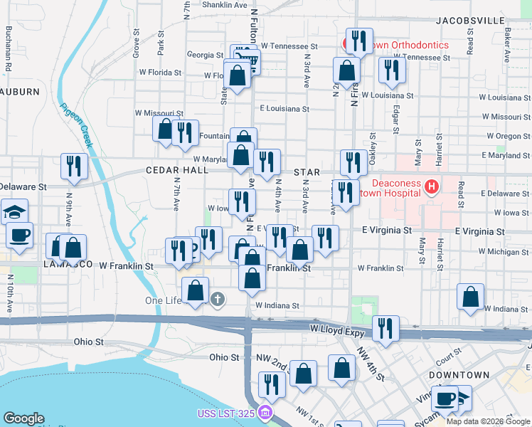 map of restaurants, bars, coffee shops, grocery stores, and more near 1120 West Iowa Street in Evansville