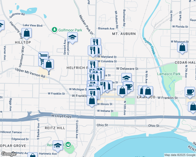 map of restaurants, bars, coffee shops, grocery stores, and more near 2335 West Virginia Street in Evansville