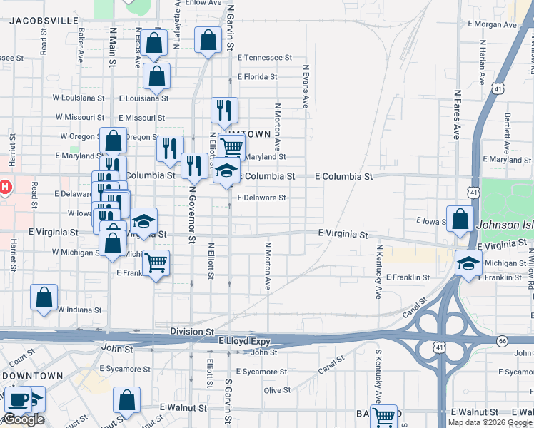 map of restaurants, bars, coffee shops, grocery stores, and more near 622 East Iowa Street in Evansville