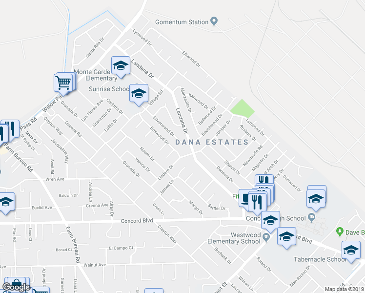 map of restaurants, bars, coffee shops, grocery stores, and more near 1813 Silverwood Drive in Concord
