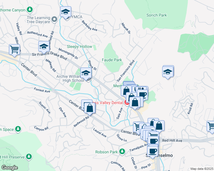 map of restaurants, bars, coffee shops, grocery stores, and more near 1116 Sir Francis Drake Boulevard in San Anselmo