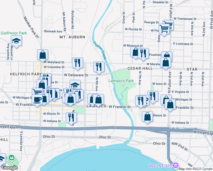 map of restaurants, bars, coffee shops, grocery stores, and more near 1730 West Iowa Street in Evansville