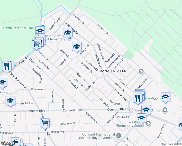 map of restaurants, bars, coffee shops, grocery stores, and more near 3772 Sierrawood Court in Concord