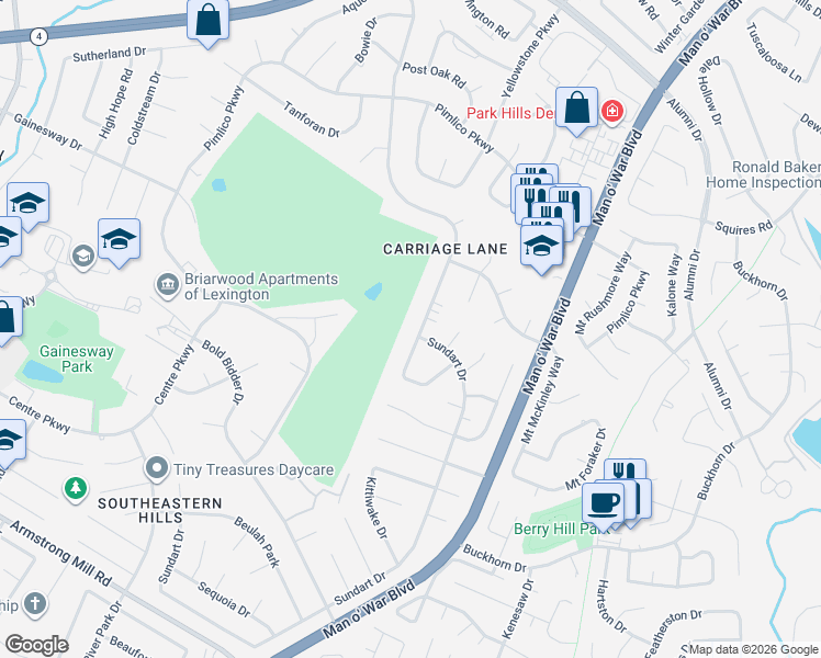 map of restaurants, bars, coffee shops, grocery stores, and more near 3337 Carriage Lane in Lexington