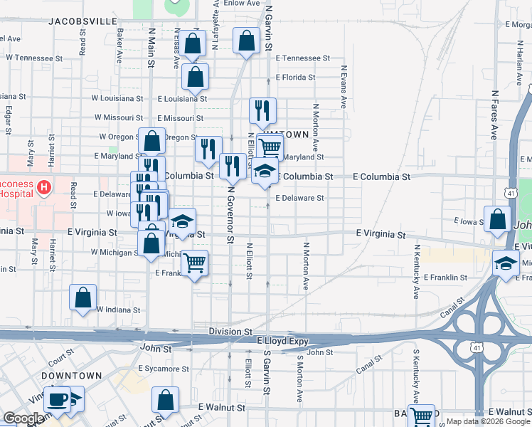 map of restaurants, bars, coffee shops, grocery stores, and more near 520 East Iowa Street in Evansville