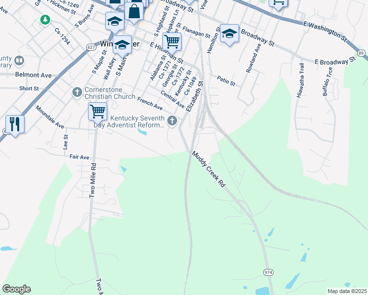 map of restaurants, bars, coffee shops, grocery stores, and more near 1031 Elizabeth Street in Winchester