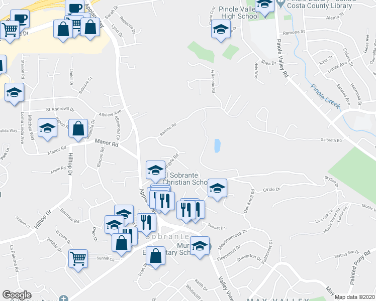 map of restaurants, bars, coffee shops, grocery stores, and more near 590 Andrews Way in El Sobrante