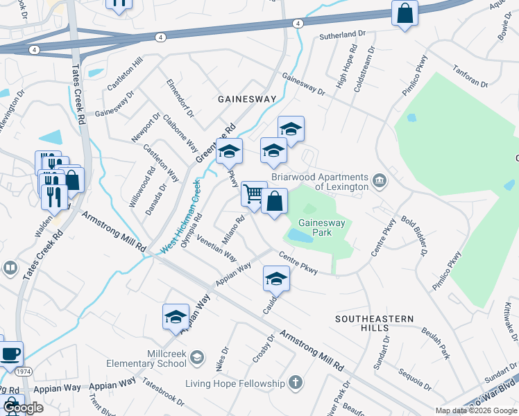 map of restaurants, bars, coffee shops, grocery stores, and more near 3460 Milano Road in Lexington