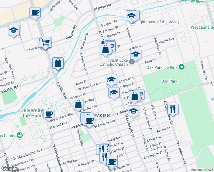 map of restaurants, bars, coffee shops, grocery stores, and more near 11 East Fulton Street in Stockton