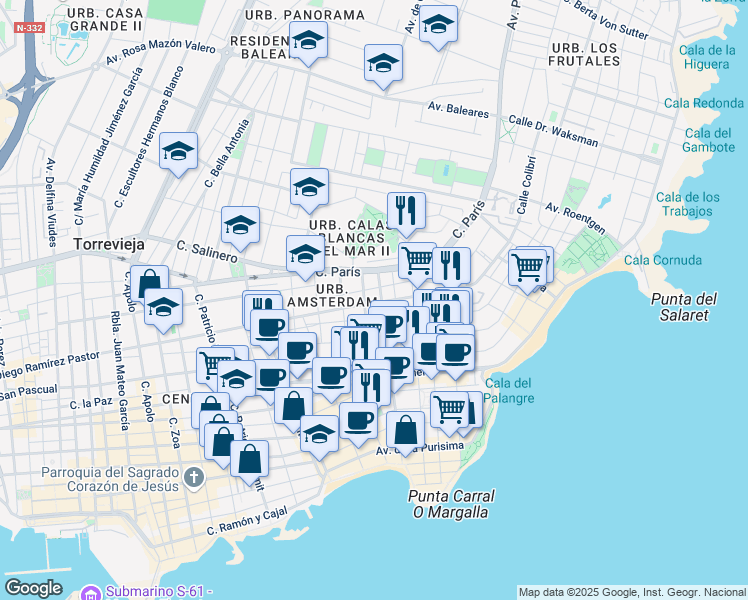 map of restaurants, bars, coffee shops, grocery stores, and more near 261 Avenida Diego Ramírez Pastor in Torrevieja