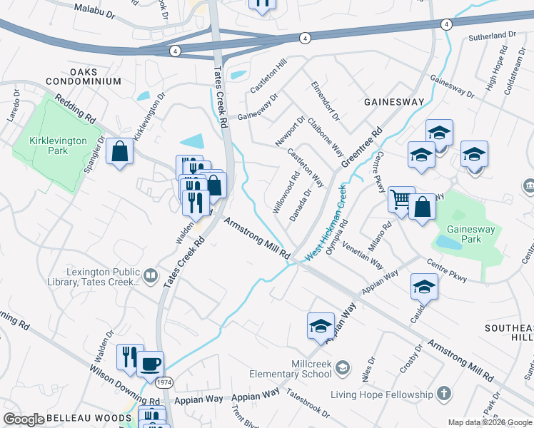 map of restaurants, bars, coffee shops, grocery stores, and more near 3525 Willowood Road in Lexington