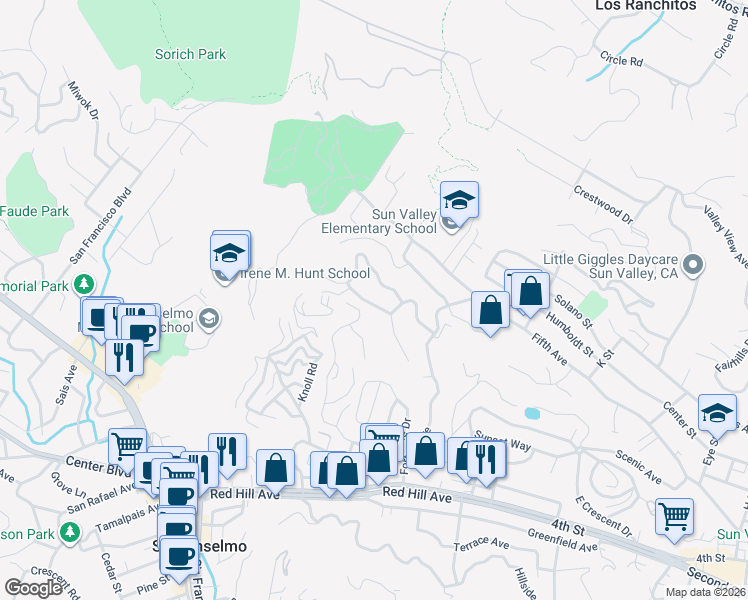 map of restaurants, bars, coffee shops, grocery stores, and more near 113 Wimbledon Way in San Rafael