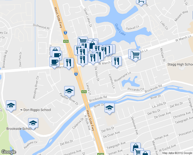 map of restaurants, bars, coffee shops, grocery stores, and more near 4547 Da Vinci Drive in Stockton