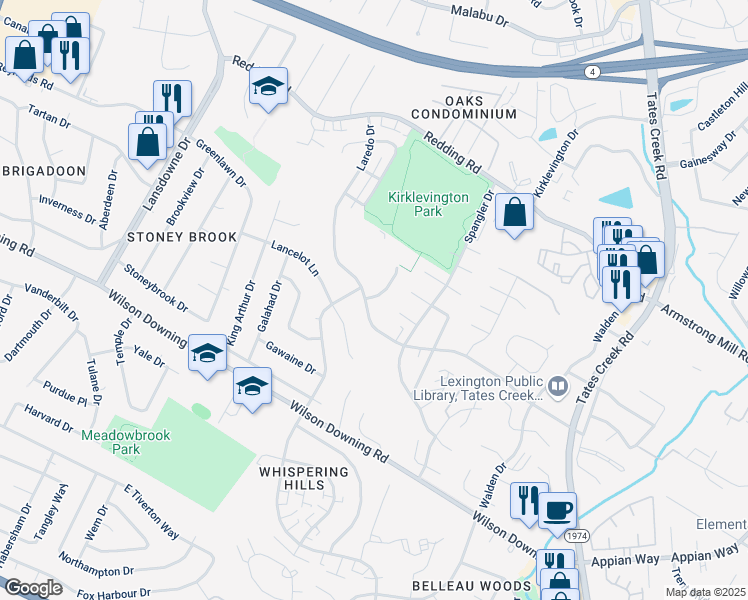 map of restaurants, bars, coffee shops, grocery stores, and more near 3576 Laredo Drive in Lexington