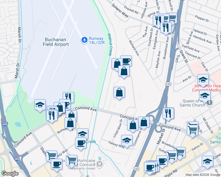 map of restaurants, bars, coffee shops, grocery stores, and more near Iron Horse Regional Trail in Concord