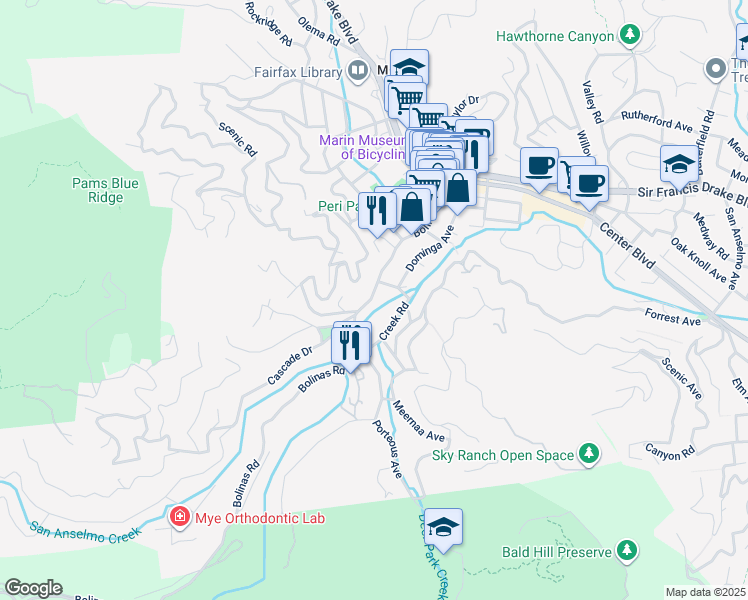map of restaurants, bars, coffee shops, grocery stores, and more near 283 Bolinas Road in Fairfax