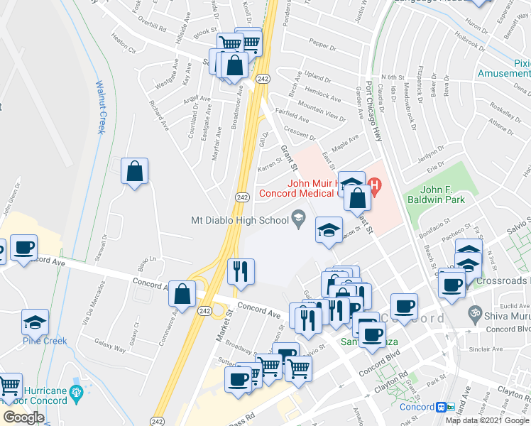 map of restaurants, bars, coffee shops, grocery stores, and more near 2115 Gill Drive in Concord