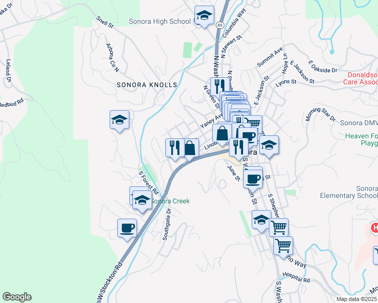 map of restaurants, bars, coffee shops, grocery stores, and more near 250 Bradford Street in Sonora