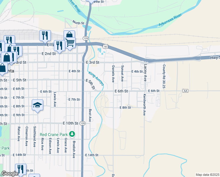 map of restaurants, bars, coffee shops, grocery stores, and more near 522 Daniel Avenue in La Junta