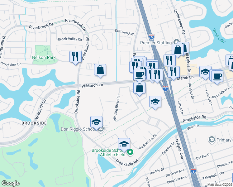 map of restaurants, bars, coffee shops, grocery stores, and more near 4572 Winding River Circle in Stockton