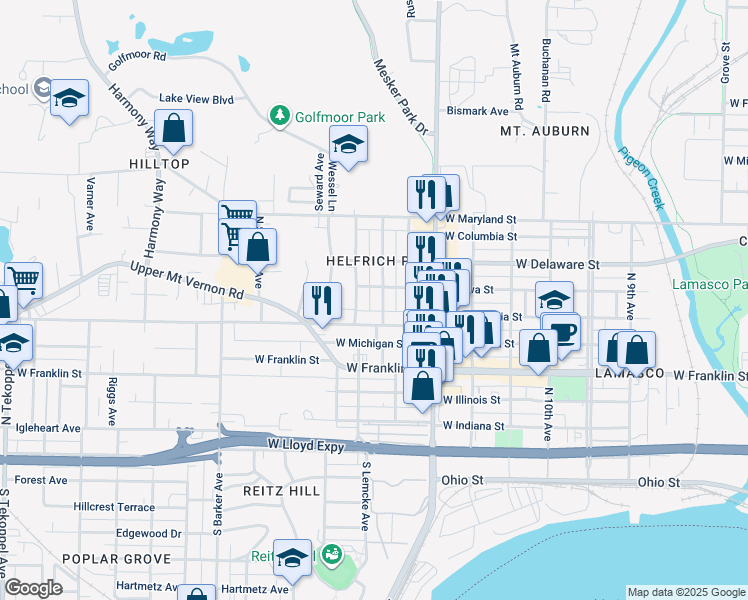 map of restaurants, bars, coffee shops, grocery stores, and more near 522 North Bell Avenue in Evansville