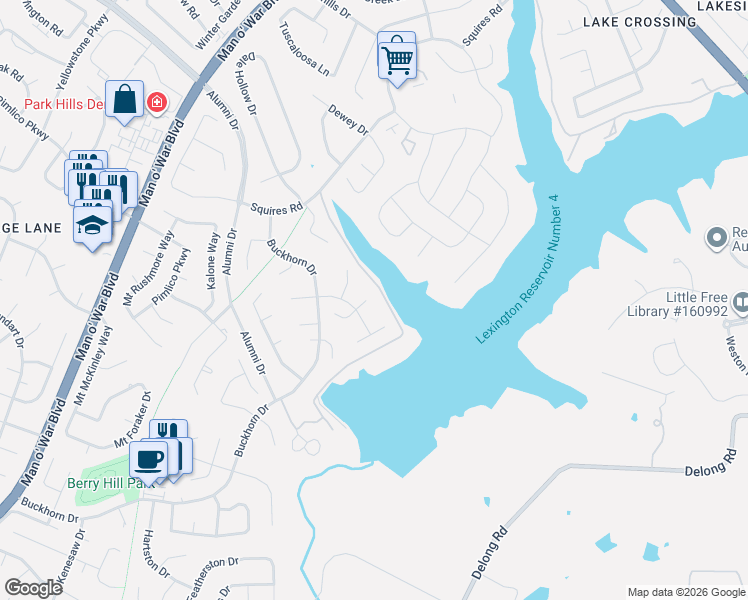 map of restaurants, bars, coffee shops, grocery stores, and more near 1000 Fog Court in Lexington