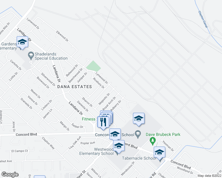 map of restaurants, bars, coffee shops, grocery stores, and more near 1763 Lynwood Drive in Concord