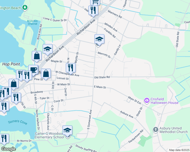 map of restaurants, bars, coffee shops, grocery stores, and more near 102 North Somerset Avenue in Crisfield