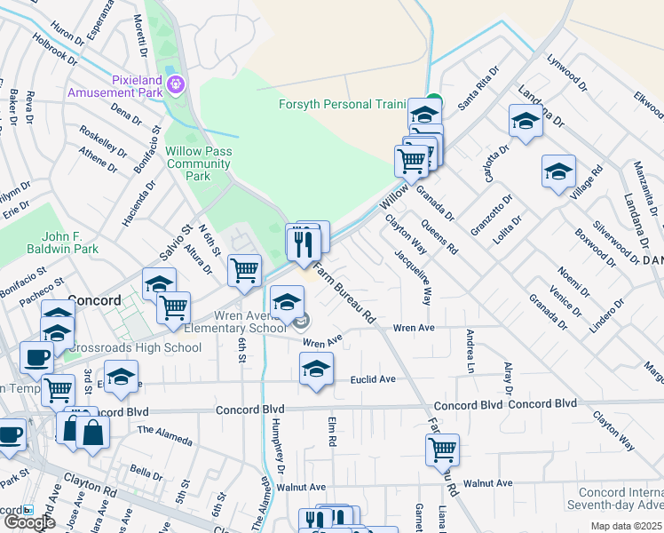 map of restaurants, bars, coffee shops, grocery stores, and more near 1890 Farm Bureau Road in Concord