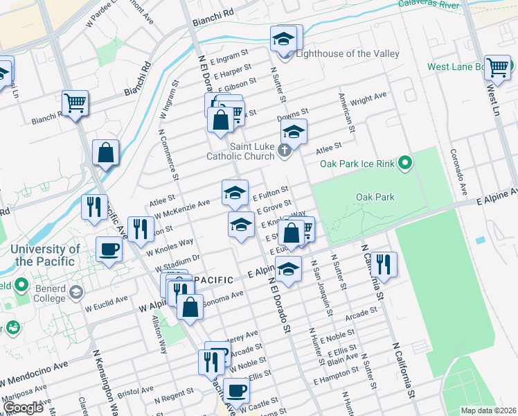 map of restaurants, bars, coffee shops, grocery stores, and more near 117 East Grove Street in Stockton