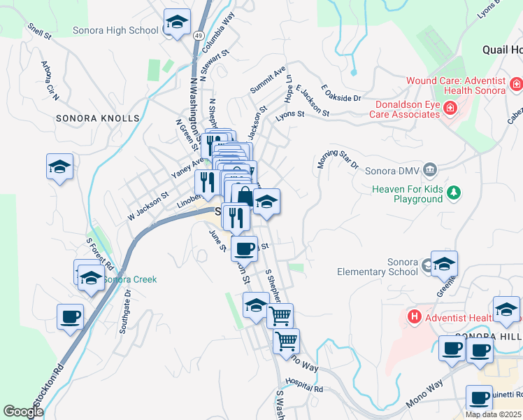 map of restaurants, bars, coffee shops, grocery stores, and more near 222 Barretta Street in Sonora