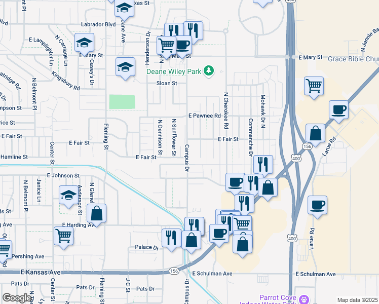 map of restaurants, bars, coffee shops, grocery stores, and more near 2007 Arapaho Drive North in Garden City