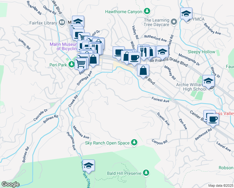 map of restaurants, bars, coffee shops, grocery stores, and more near 186 Forrest Avenue in Fairfax