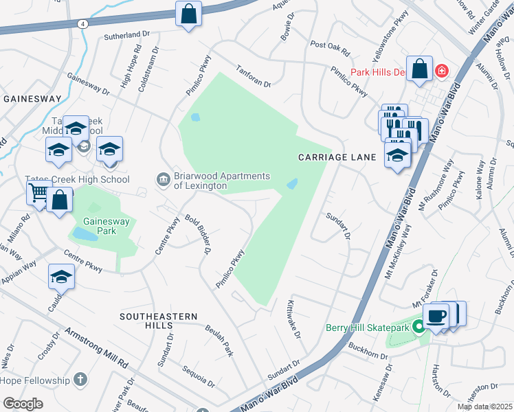 map of restaurants, bars, coffee shops, grocery stores, and more near 3501 Pimlico Parkway in Lexington