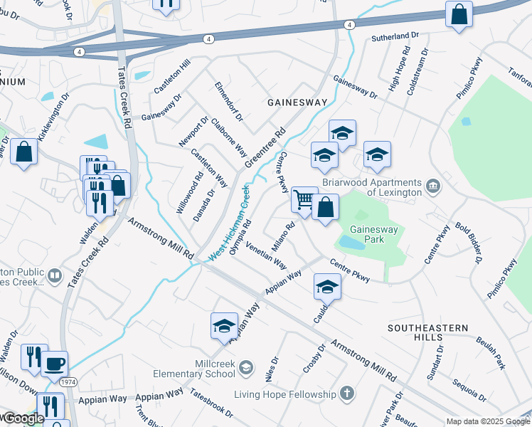 map of restaurants, bars, coffee shops, grocery stores, and more near 1116 Centurian Road in Lexington