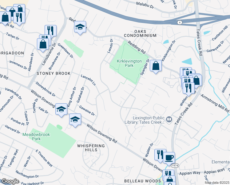 map of restaurants, bars, coffee shops, grocery stores, and more near 3576 Laredo Drive in Lexington