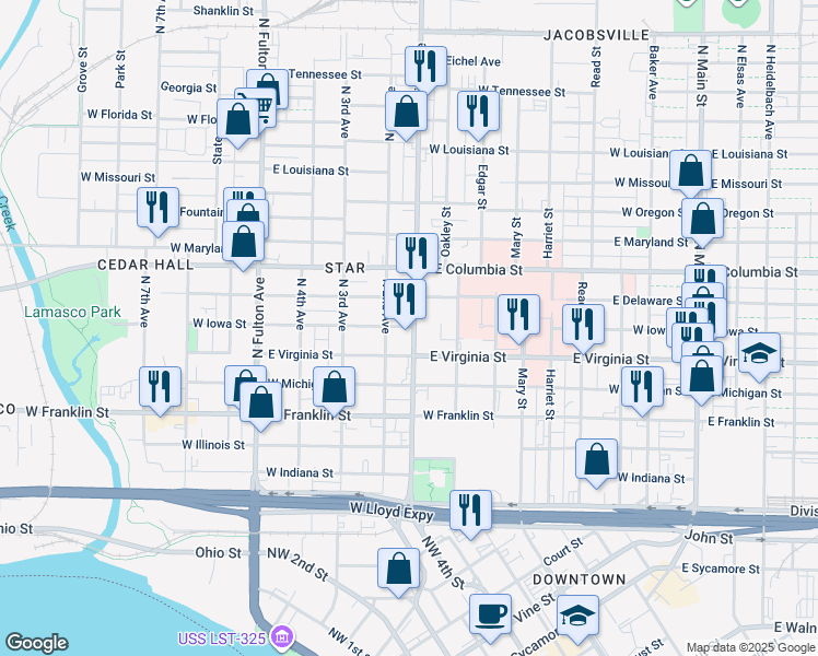 map of restaurants, bars, coffee shops, grocery stores, and more near 611 North First Avenue in Evansville
