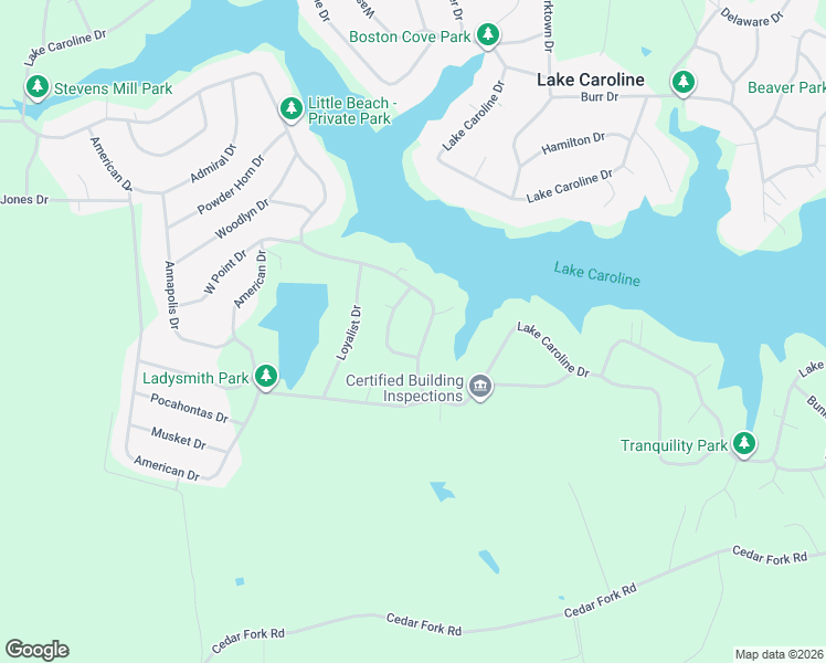 map of restaurants, bars, coffee shops, grocery stores, and more near 251 Lake Caroline Drive in Ruther Glen