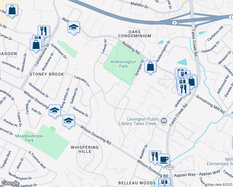 map of restaurants, bars, coffee shops, grocery stores, and more near 404 Downing Court in Lexington