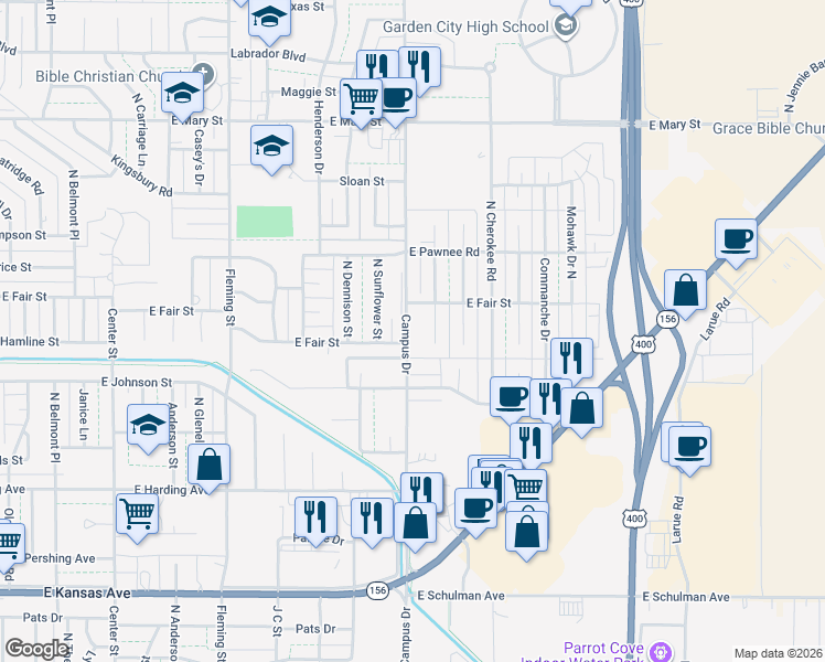 map of restaurants, bars, coffee shops, grocery stores, and more near 2002 East Fair Street in Garden City