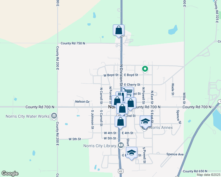 map of restaurants, bars, coffee shops, grocery stores, and more near 340 North Forrest Street in Norris City
