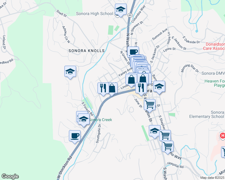 map of restaurants, bars, coffee shops, grocery stores, and more near 250 Bradford Street in Sonora