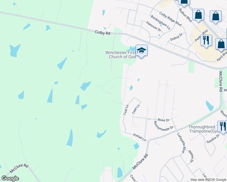 map of restaurants, bars, coffee shops, grocery stores, and more near 117 Gadwall Lane in Winchester