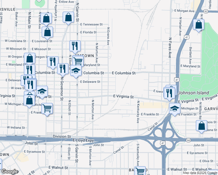 map of restaurants, bars, coffee shops, grocery stores, and more near 800 East Iowa Street in Evansville
