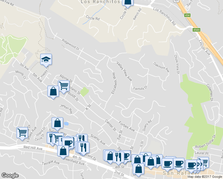 map of restaurants, bars, coffee shops, grocery stores, and more near 57 Elizabeth Way in San Rafael