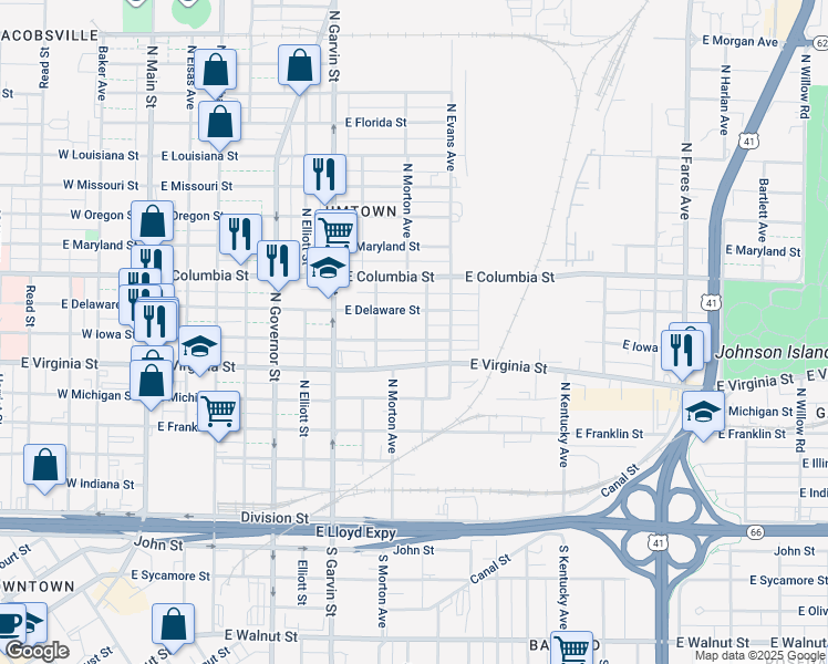 map of restaurants, bars, coffee shops, grocery stores, and more near 736 E Iowa St in Evansville