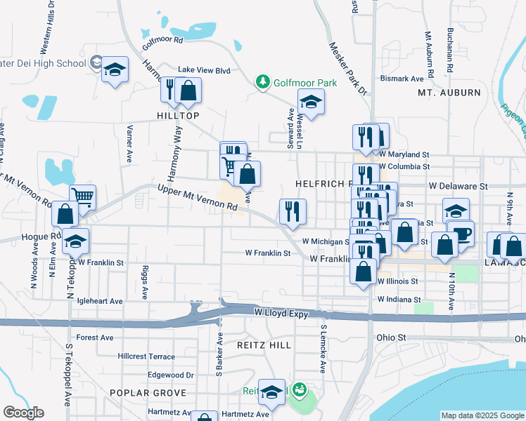 map of restaurants, bars, coffee shops, grocery stores, and more near 2727 Upper Mount Vernon Road in Evansville