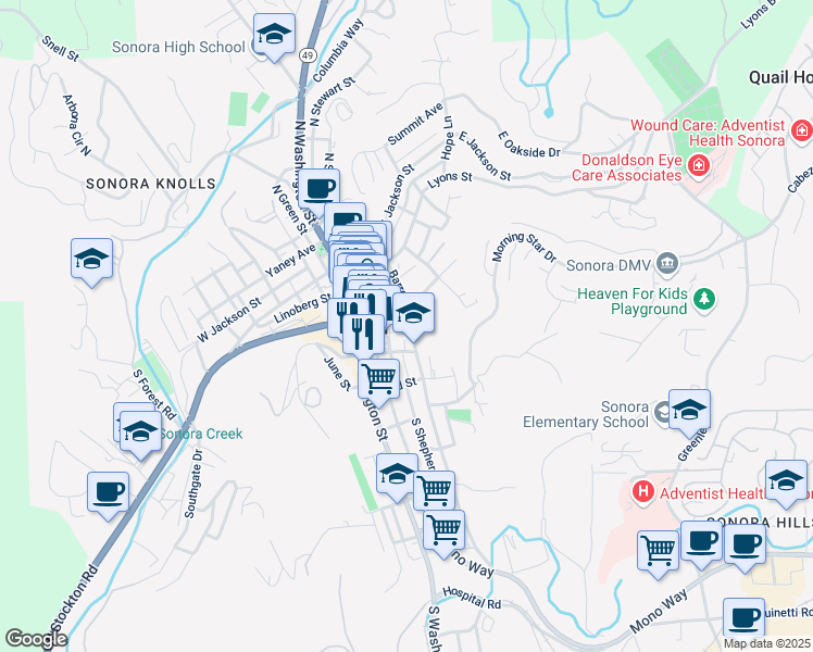 map of restaurants, bars, coffee shops, grocery stores, and more near 37 Theall Street in Sonora