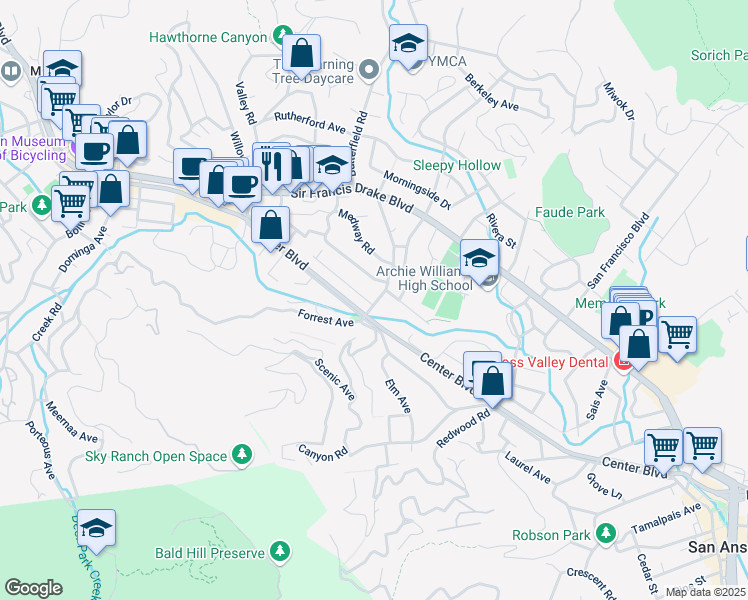 map of restaurants, bars, coffee shops, grocery stores, and more near 1527 San Anselmo Avenue in San Anselmo